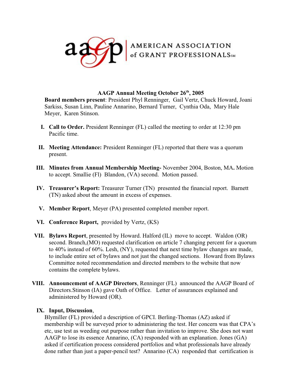 AAGP Board Meeting October 25Th, 2005