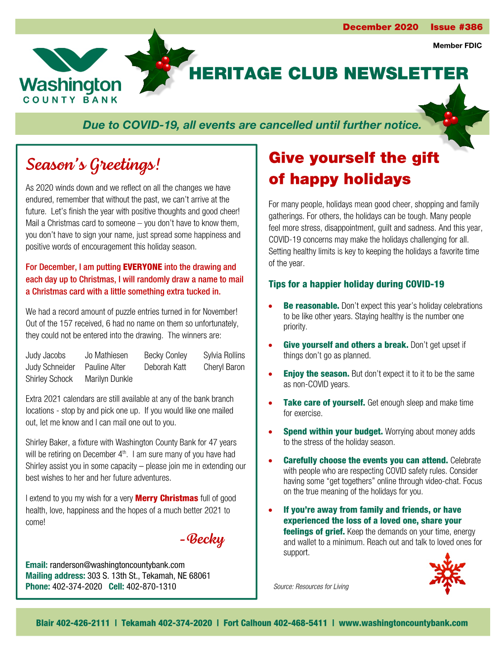 HERITAGE CLUB NEWSLETTER Season's Greetings!