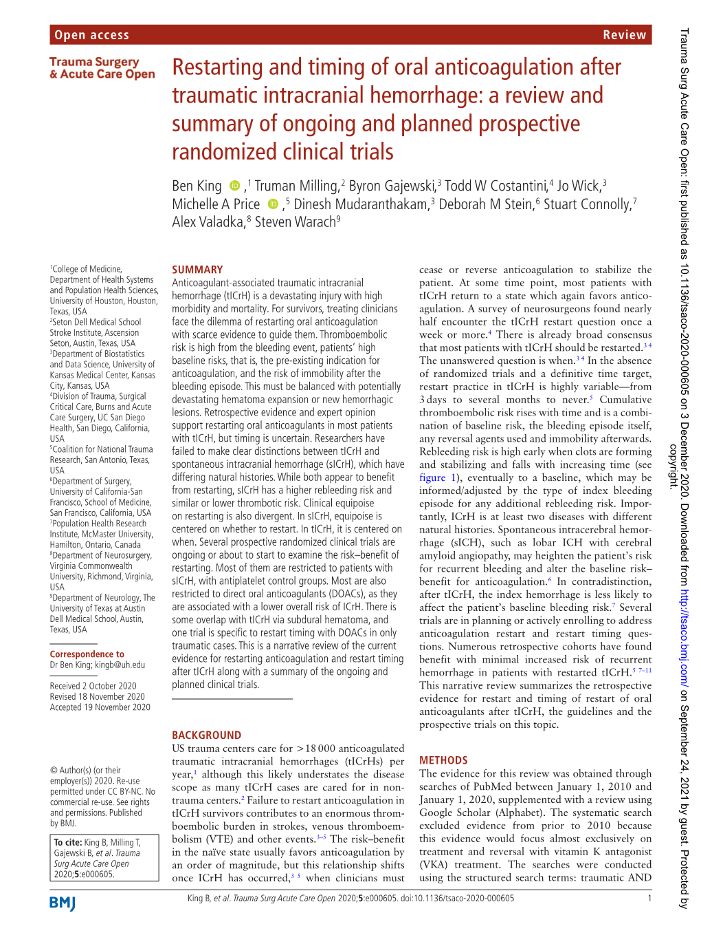 Restarting and Timing of Oral Anticoagulation After Traumatic