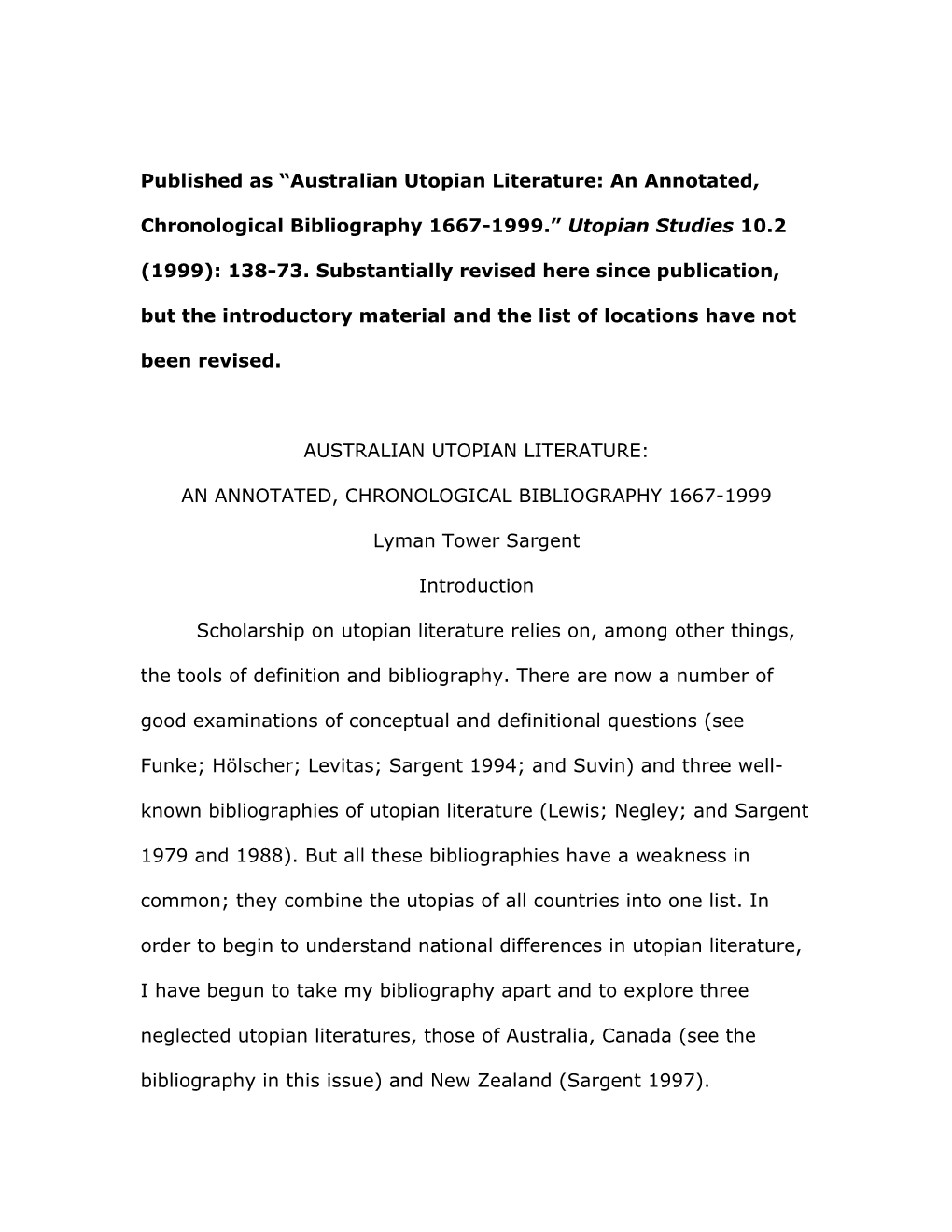 Australian Utopian Literature: an Annotated, Chronological