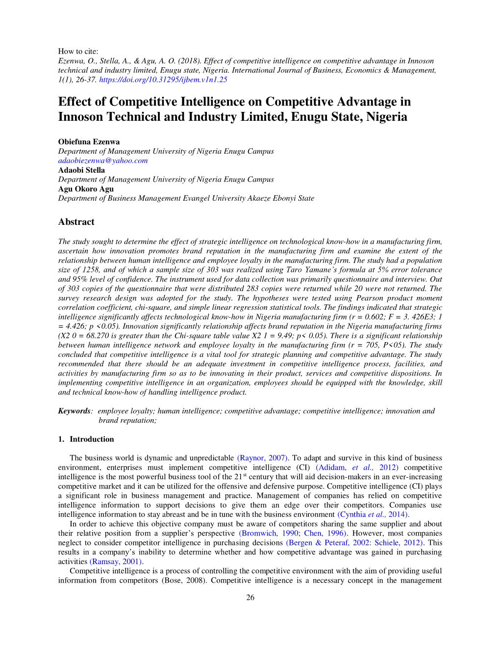 Effect of Competitive Intelligence on Competitive Advantage in Innoson Technical and Industry Limited, Enugu State, Nigeria