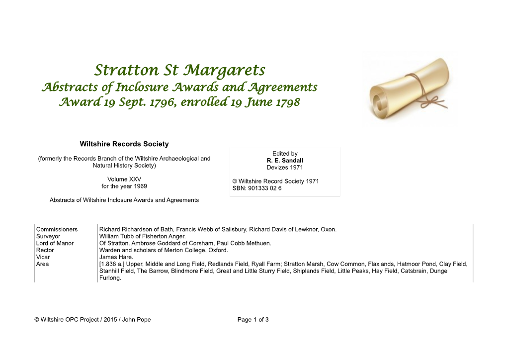 Stratton St Margarets Abstracts of Inclosure Awards and Agreements Award 19 Sept