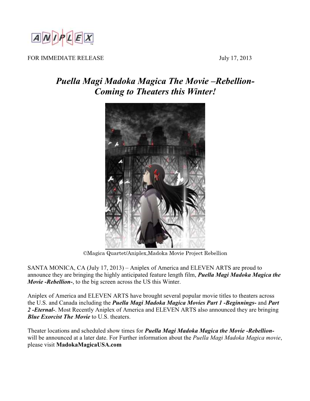 Puella Magi Madoka Magica the Movie –Rebellion- Coming to Theaters This Winter!