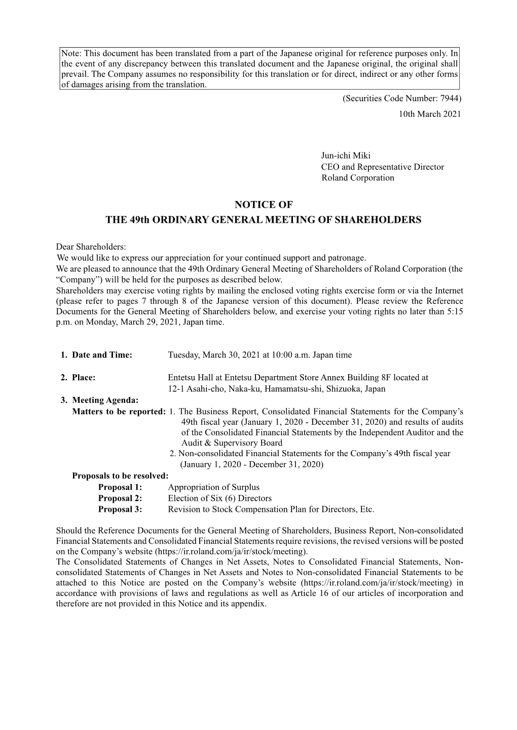 NOTICE of the 49Th ORDINARY GENERAL MEETING of SHAREHOLDERS