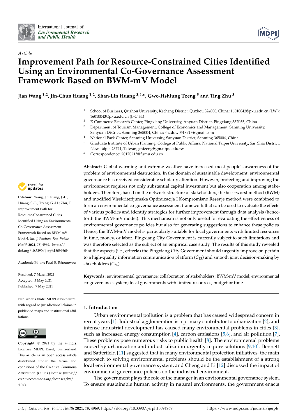 Improvement Path for Resource-Constrained Cities Identiﬁed Using an Environmental Co-Governance Assessment Framework Based on BWM-Mv Model