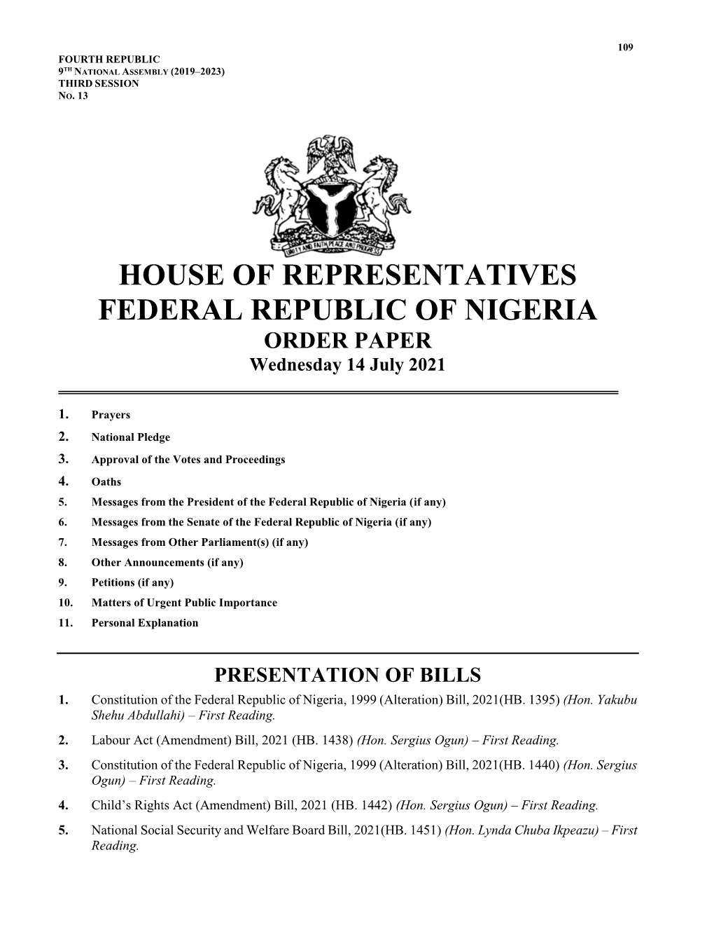 House of Reps Order Paper, Wednesday, 14 July, 2021
