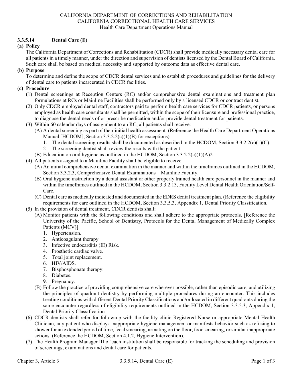 Chapter 3, Article 3, Section 3.3.5.14 Dental Care