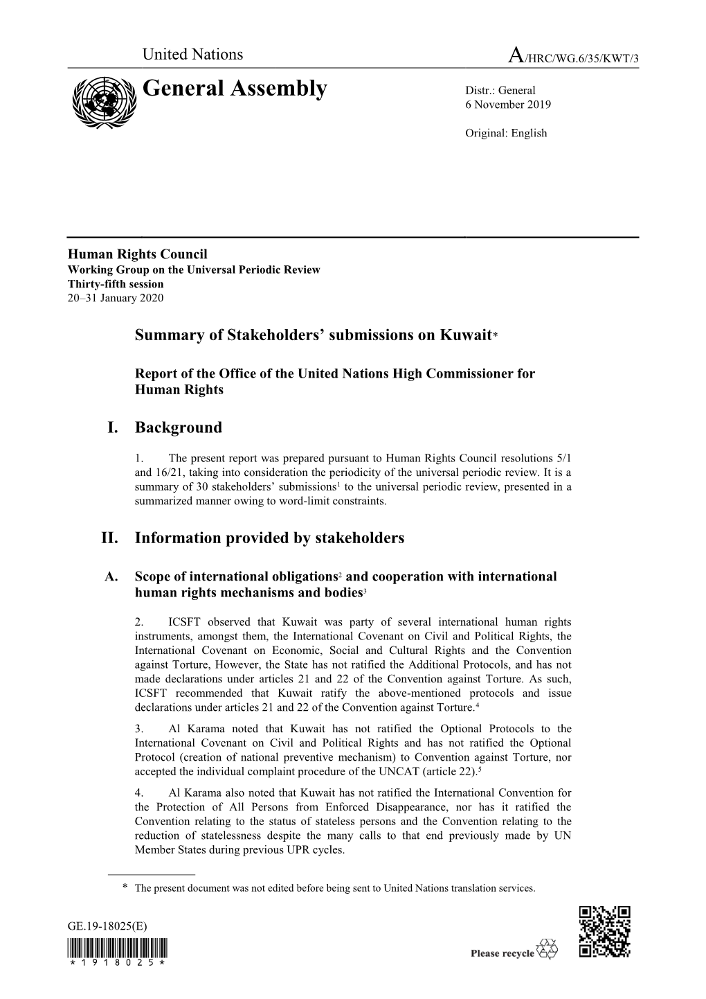 Summary of Stakeholders' Submissions on Kuwait