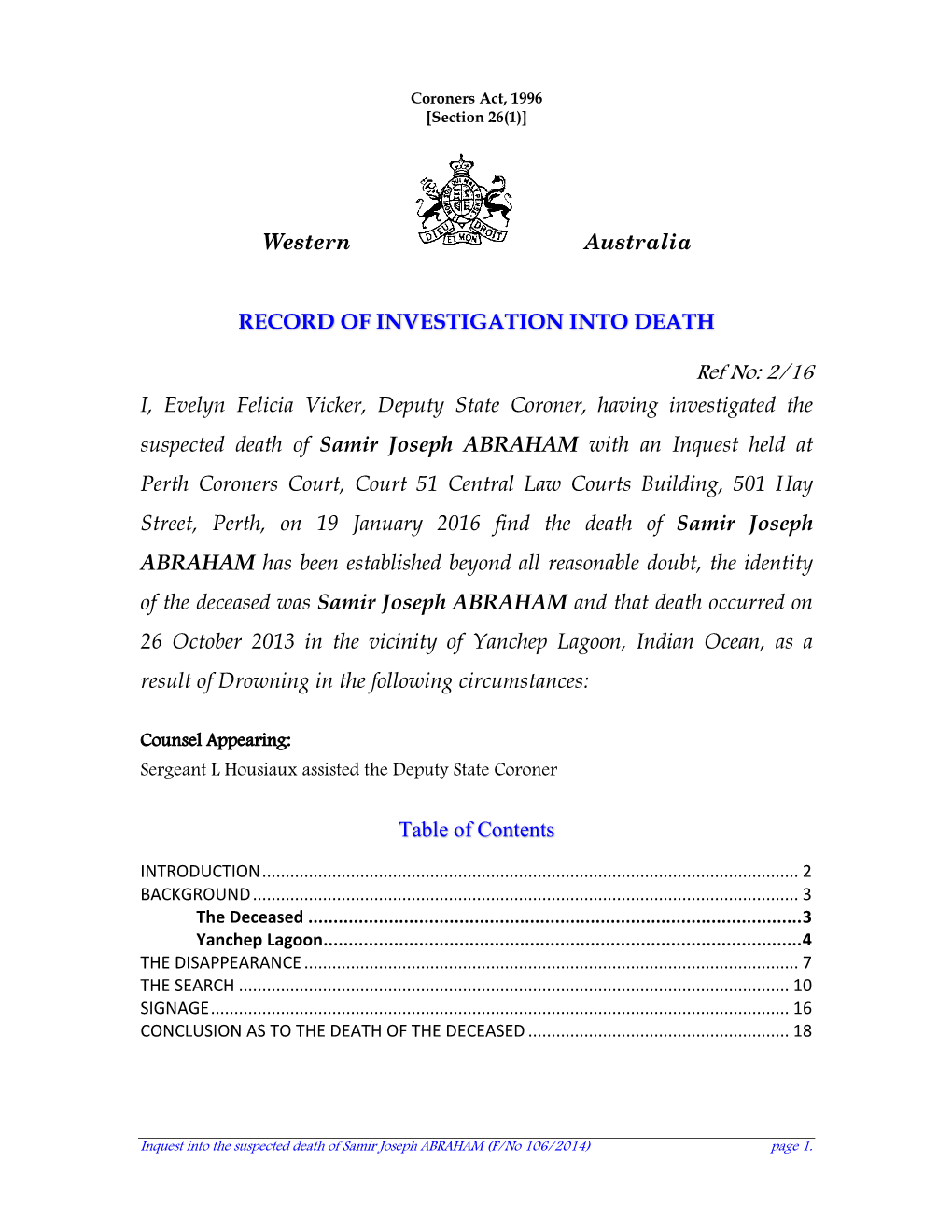 Record of Investigation Into Death