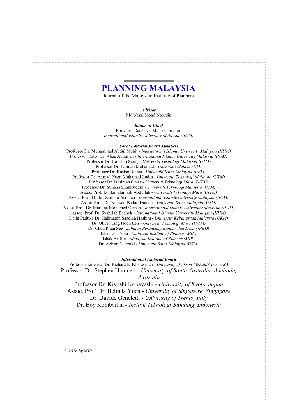 PLANNING MALAYSIA Journal of the Malaysian Institute of Planners