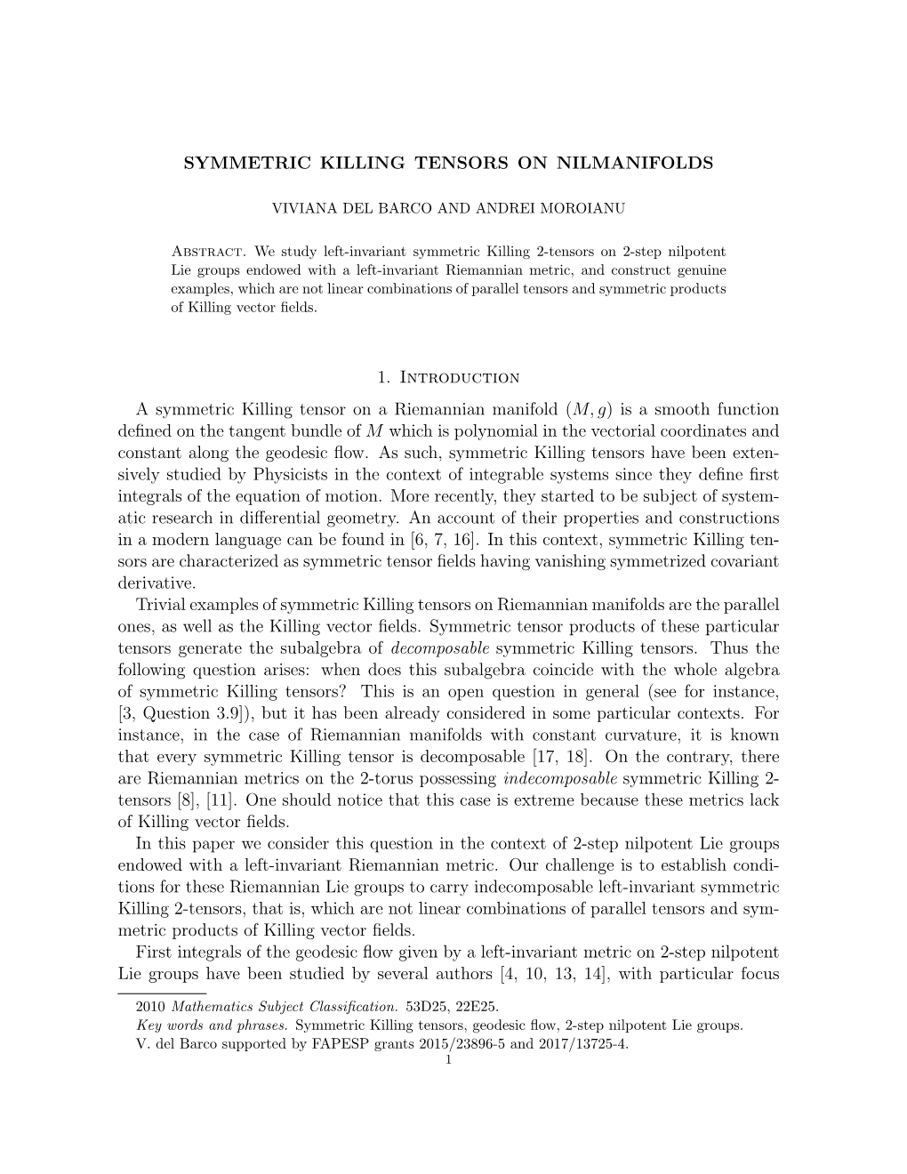 SYMMETRIC KILLING TENSORS on NILMANIFOLDS 1. Introduction A