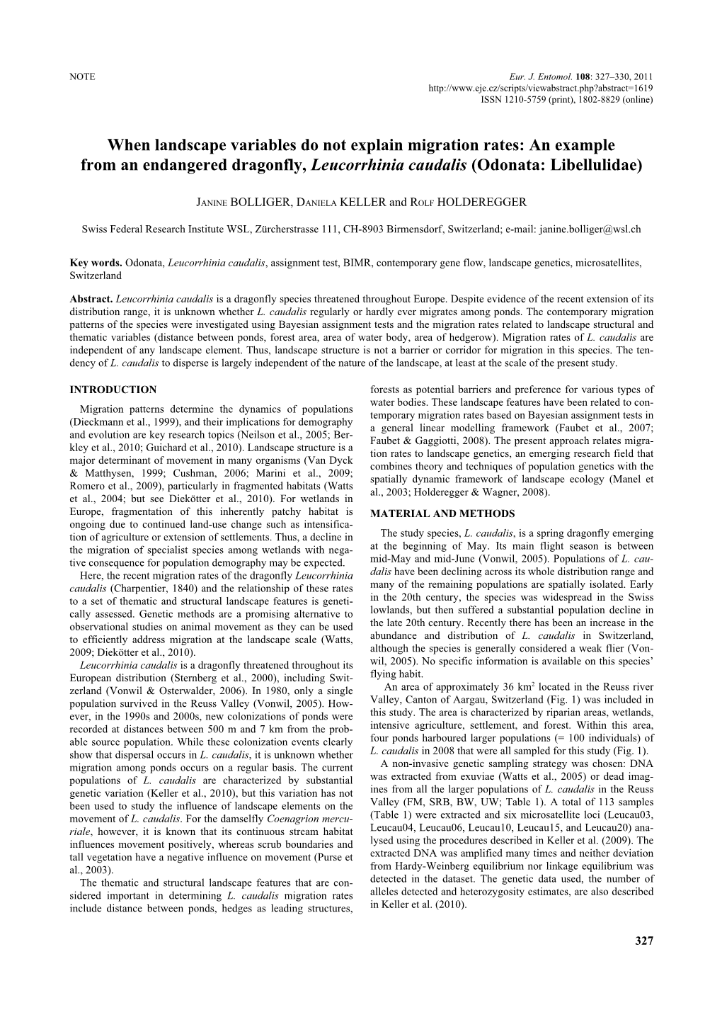 When Landscape Variables Do Not Explain Migration Rates: an Example from an Endangered Dragonfly, Leucorrhinia Caudalis (Odonata: Libellulidae)