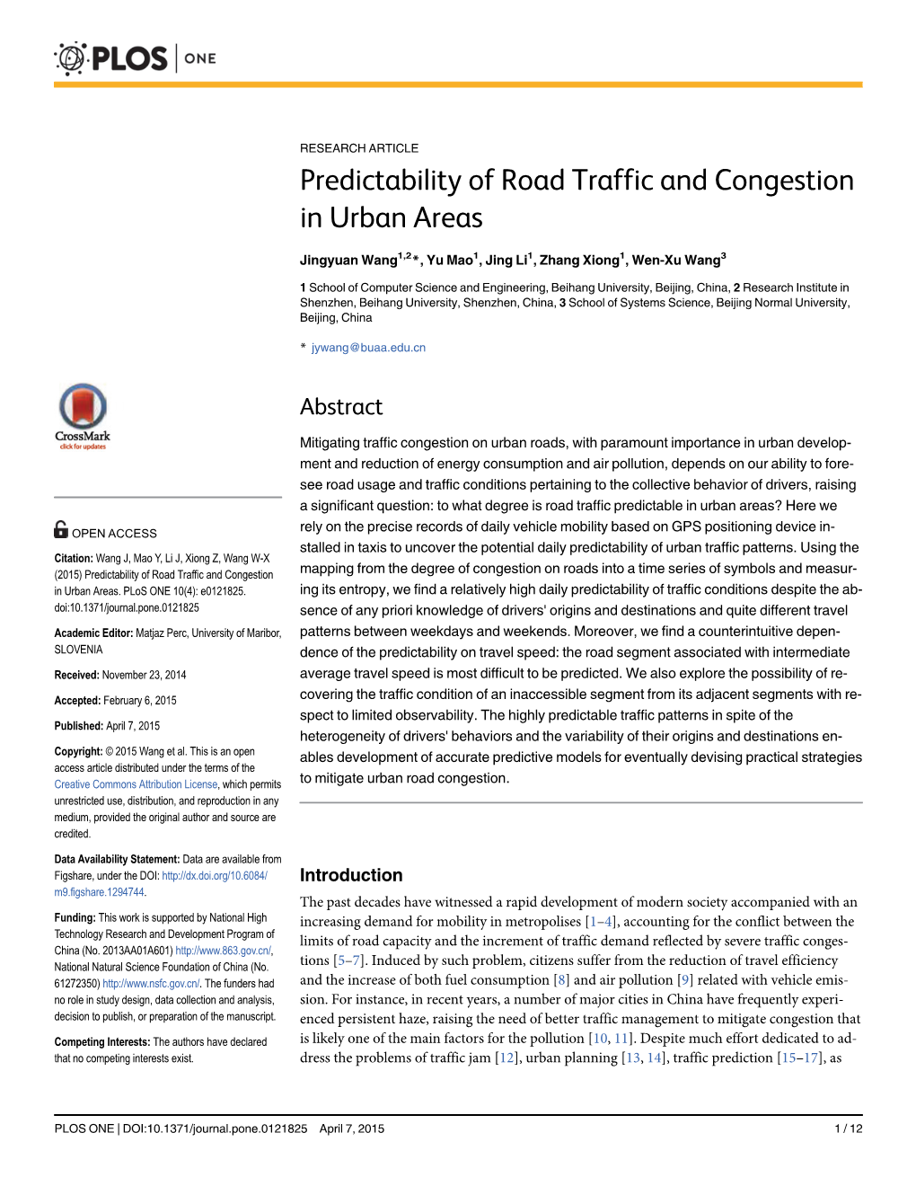 Predictability of Road Traffic and Congestion in Urban Areas