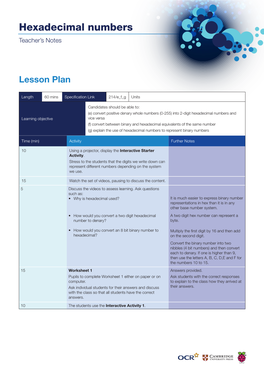 Hexadecimal Numbers Teacher’S Notes