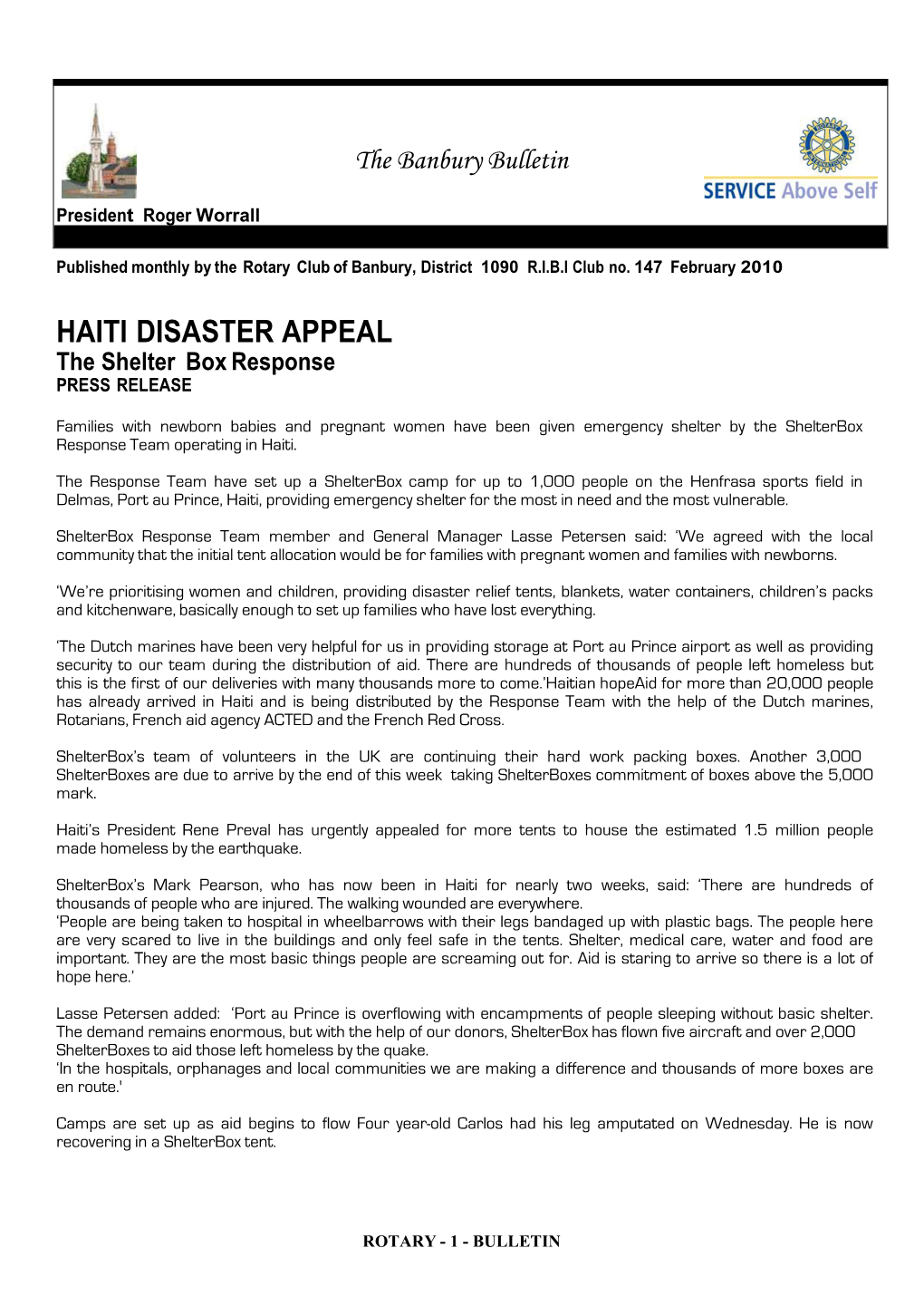 HAITI DISASTER APPEAL the Shelter Box Response PRESS RELEASE