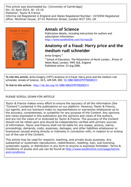 Annals of Science Anatomy of a Fraud: Harry Price and the Medium Rudi