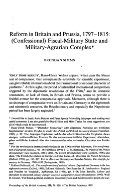 Reform in Britain and Prussia, 1797- 18 15: (Confessional) Fiscal-Military State and Military-Agrarian Complex*