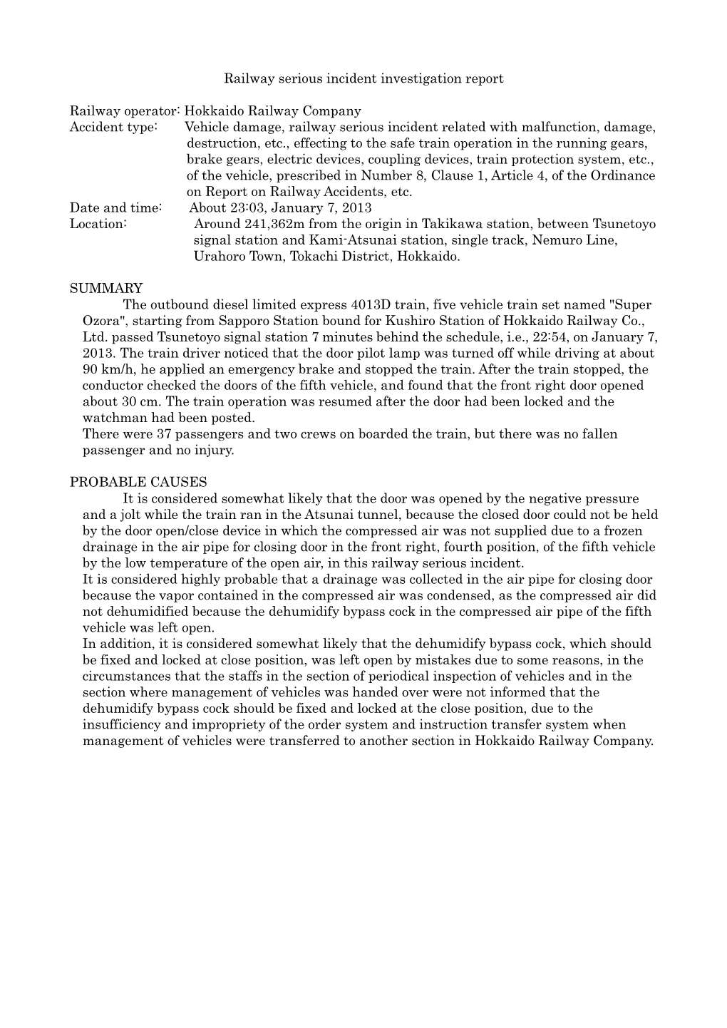 Railway Serious Incident Investigation Report Railway Operator: Hokkaido Railway Company Accident Type: Vehicle Damage, Railw
