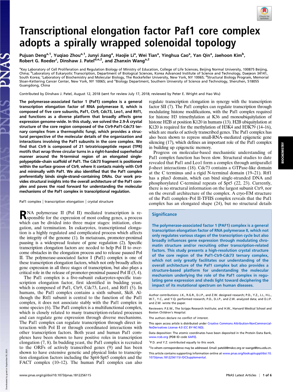 Transcriptional Elongation Factor Paf1 Core Complex Adopts a Spirally Wrapped Solenoidal Topology