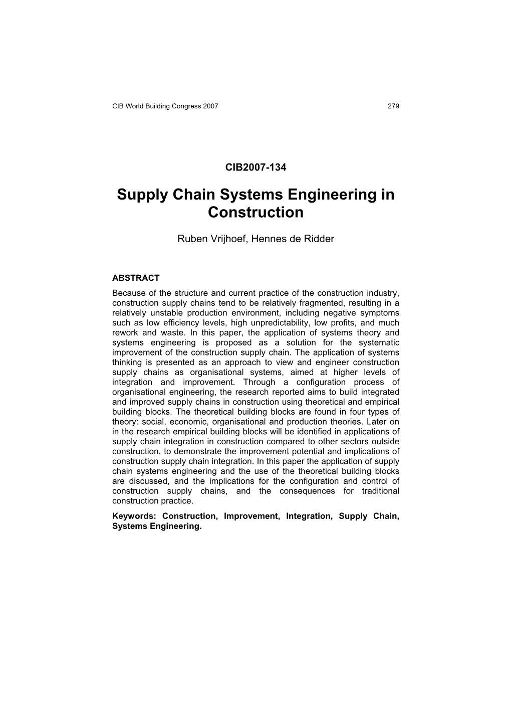 Supply Chain Systems Engineering in Construction