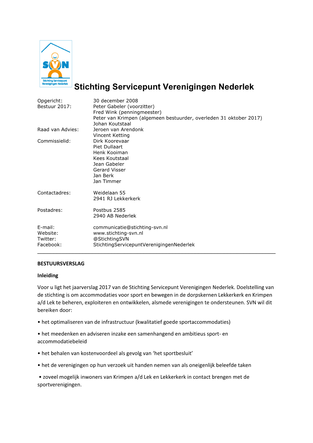 Jaarverslag 2017 Van De Stichting Servicepunt Verenigingen Nederlek