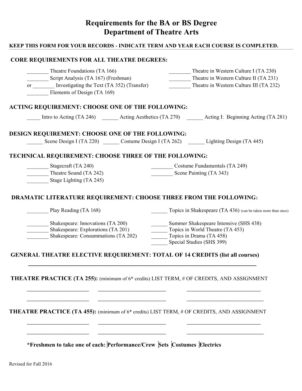 Requirements for the BA Or BS Degree