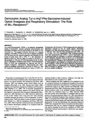 Dermorphin Analog Tyr-O-Arg2-Phe-Sarcosine-Lnduced Opioid Analgesia and Respiratory Stimulation: the Role of Mu1-Receptors?1