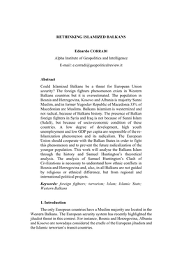 RETHINKING ISLAMIZED BALKANS Edoardo CORRADI Alpha Institute of Geopolitics and Intelligence E-Mail