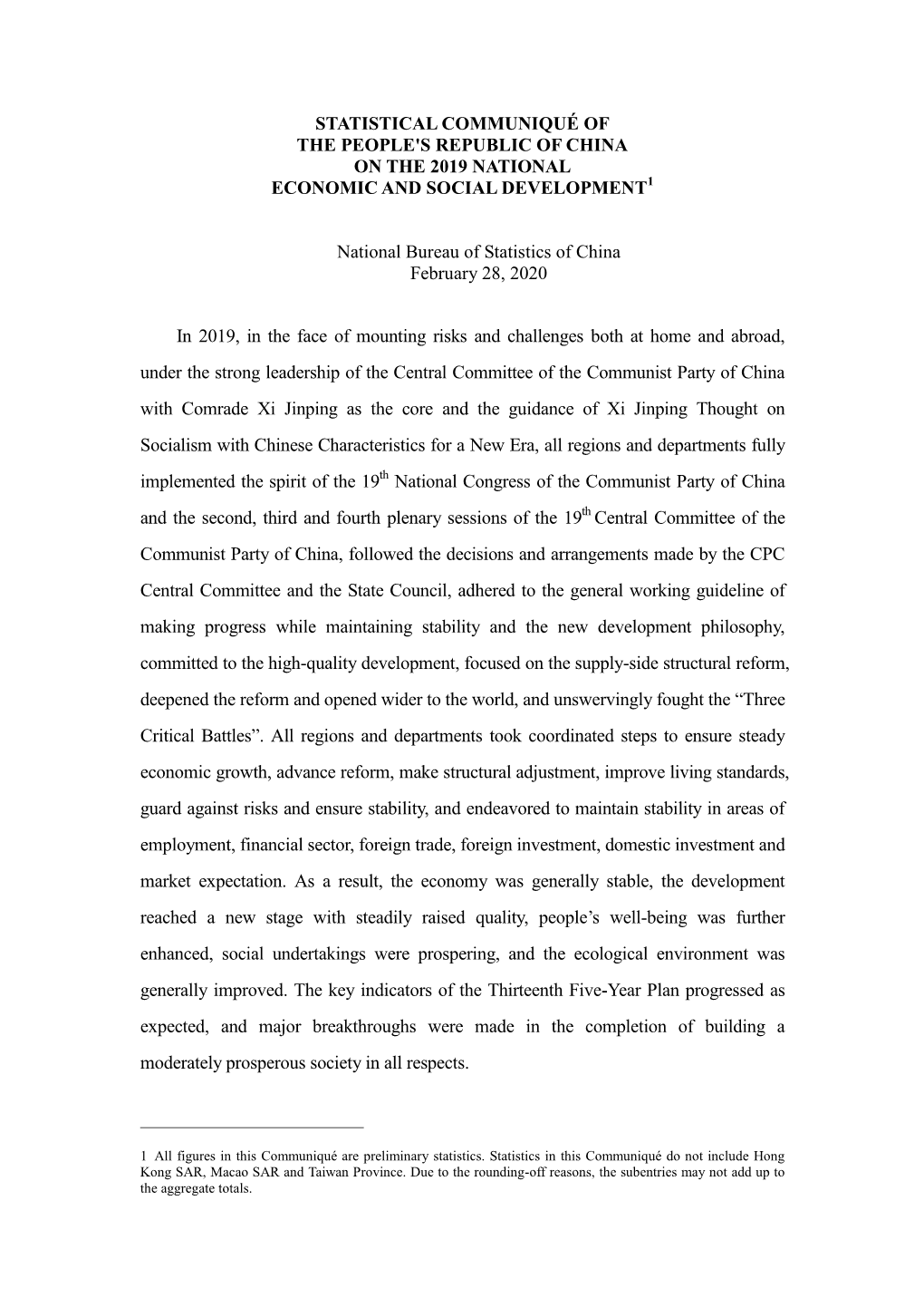 Statistical Communiqué of the People's Republic of China on the 2019 National Economic and Social Development1