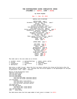 The Northeastern Caver Cumulative Index (Volumes I – Xlvii, 1969 – 2016)