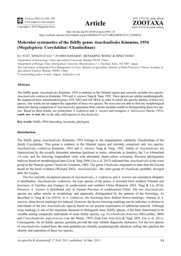 Molecular Systematics of the Fishfly Genus Anachauliodes Kimmins, 1954 (Megaloptera: Corydalidae: Chauliodinae)