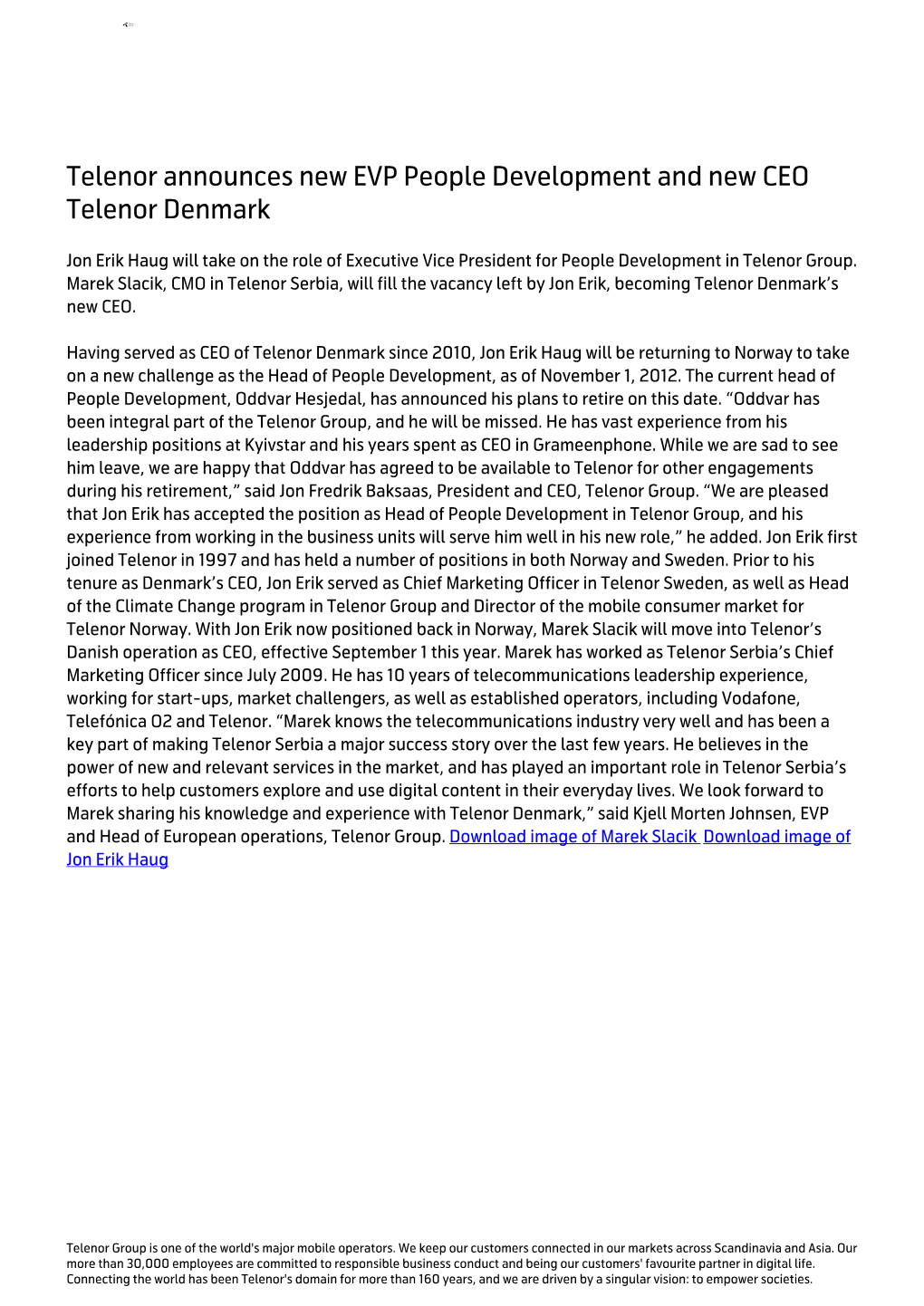 Telenor Announces New EVP People Development and New CEO Telenor Denmark
