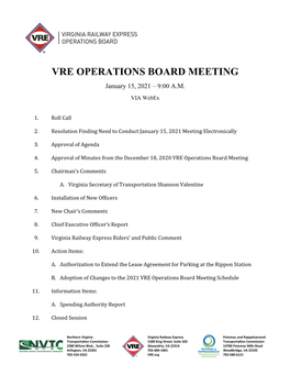 VRE OPERATIONS BOARD MEETING January 15, 2021 – 9:00 A.M