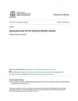 Aquaculture Plan for the Houtman Abrolhos Islands