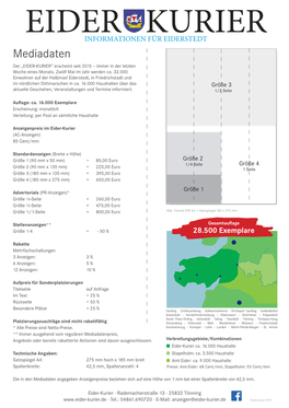 Mediadaten Der „EIDER-KURIER” Erscheintmitläufer Seit 2015 – Immer in Der Letzten Gesucht Woche Eines Monats