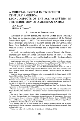 Legal Aspects of the Matai System in the Territory of American Samoa, A