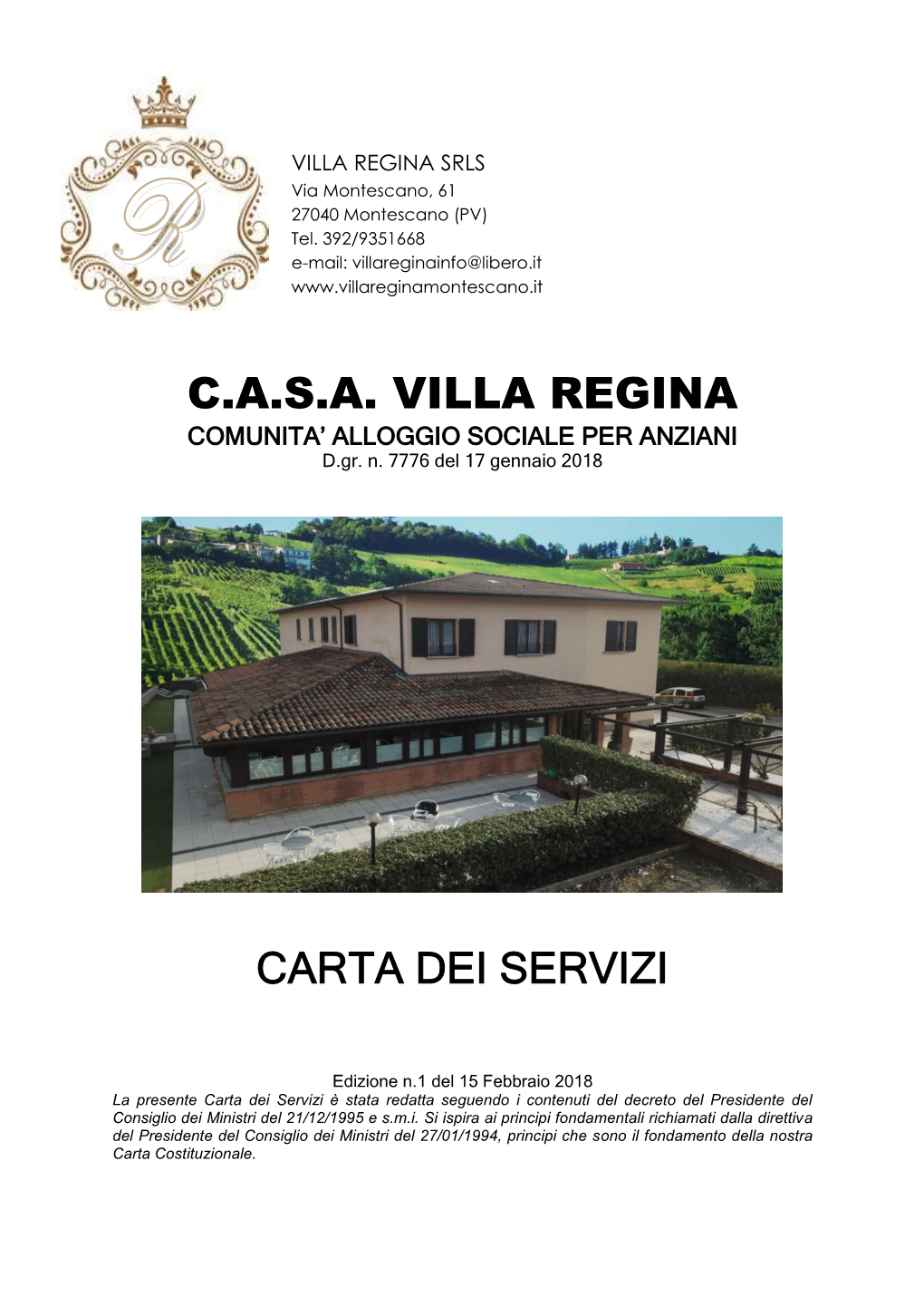C.A.S.A. Villa Regina Carta Dei Servizi