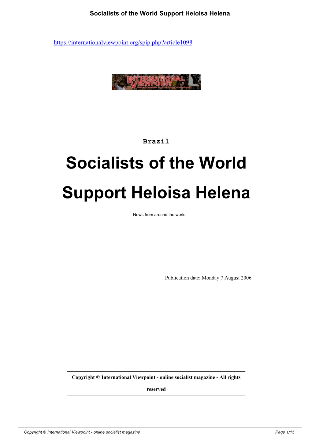 Socialists of the World Support Heloisa Helena