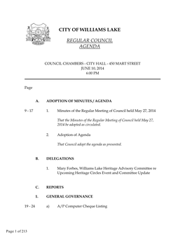 City of Williams Lake Regular Council Agenda