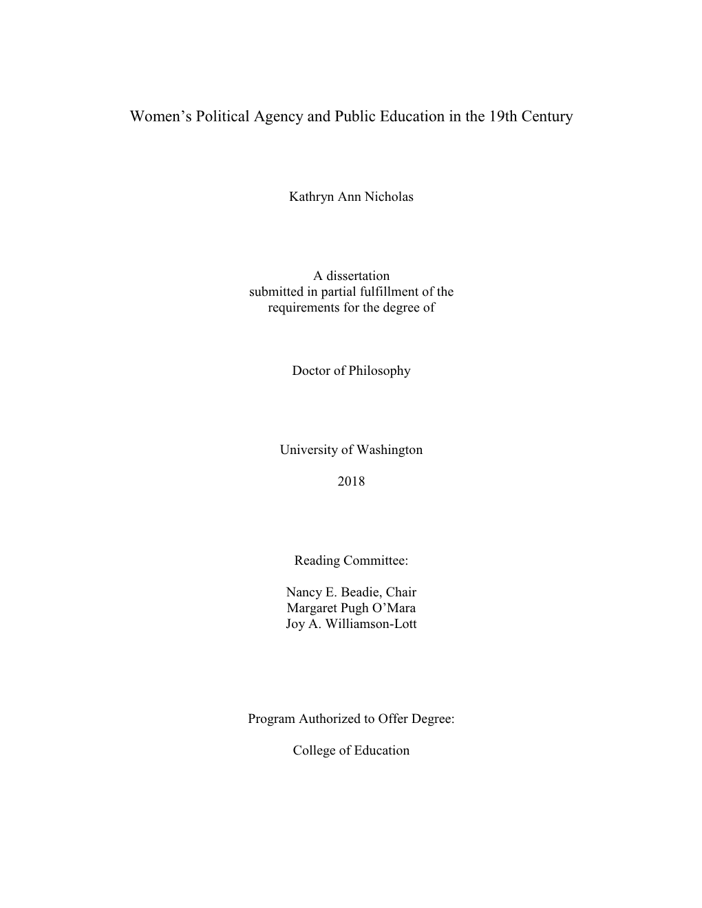 Women's Political Agency and Public Education in the 19Th Century