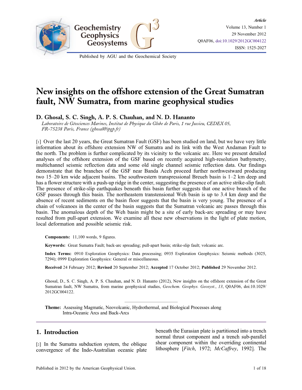 New Insights on the Offshore Extension of the Great Sumatran Fault, NW Sumatra, from Marine Geophysical Studies