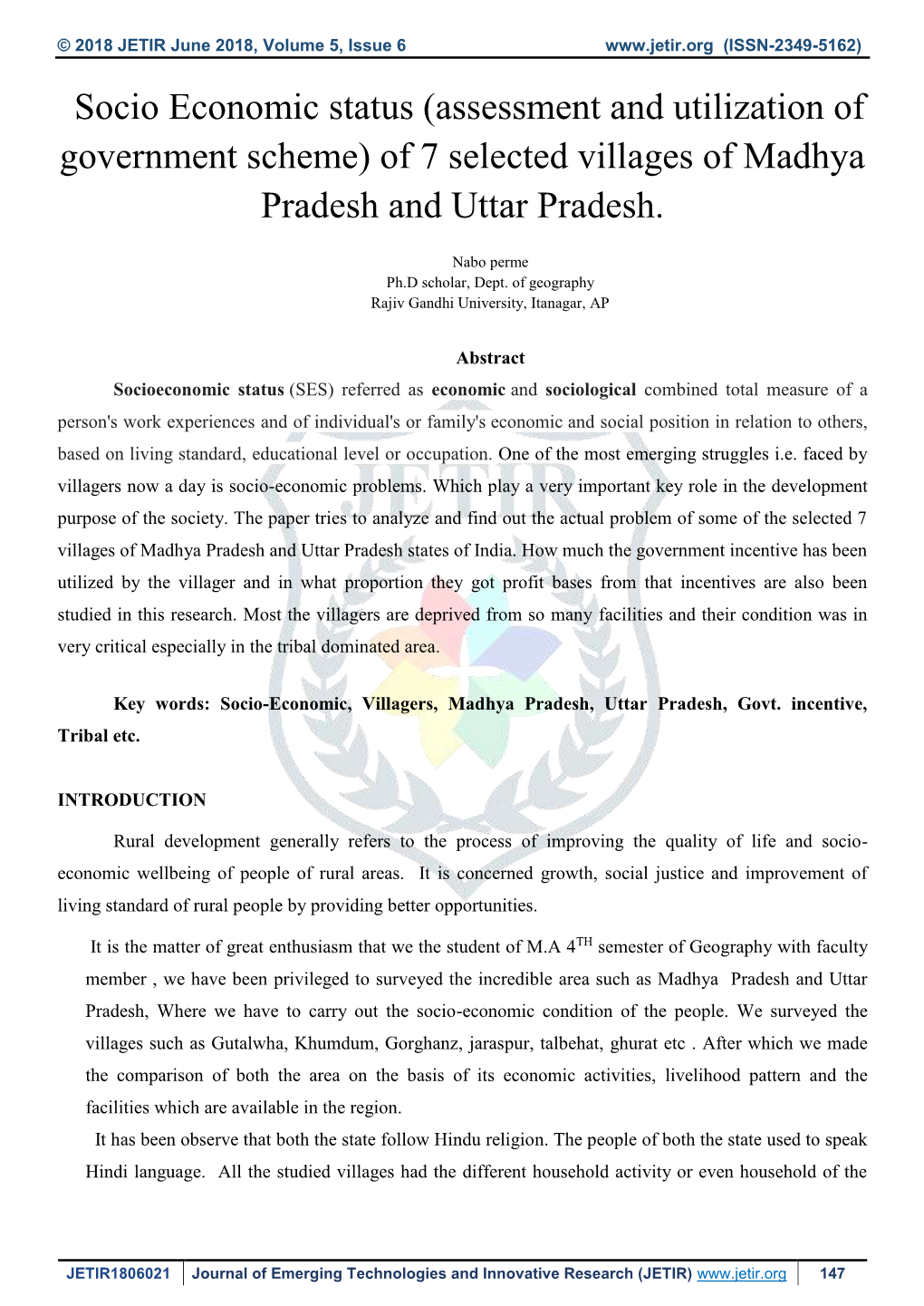 Of 7 Selected Villages of Madhya Pradesh and Uttar Pradesh