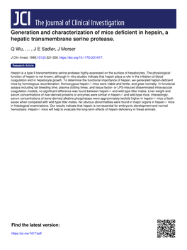 Generation and Characterization of Mice Deficient in Hepsin, a Hepatic Transmembrane Serine Protease