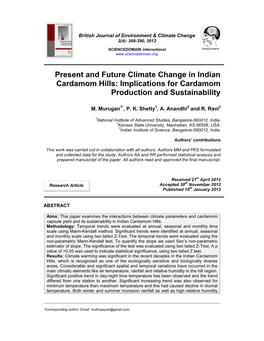 Present and Future Climate Change in Indian Cardamom Hills: Implications for Cardamom Production and Sustainability