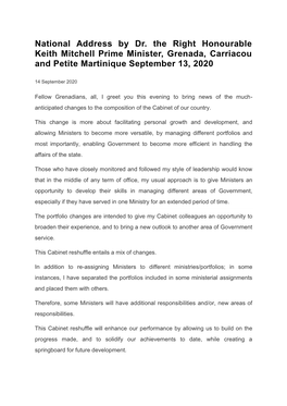 National Address by Dr. the Right Honourable Keith Mitchell Prime Minister, Grenada, Carriacou and Petite Martinique September 13, 2020