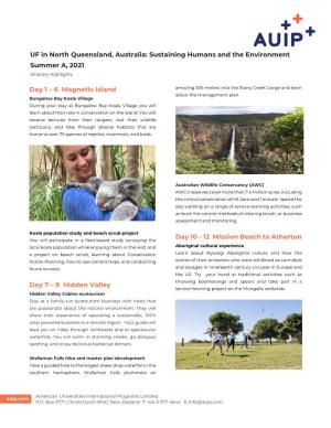 UF in North Queensland, Australia: Sustaining Humans and the Environment Summer A, 2021 Itinerary Highlights