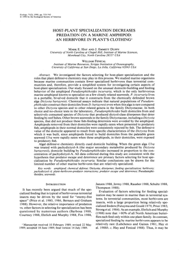 Host -Plant Specialization Decreases Predation on a Marine Amphipod