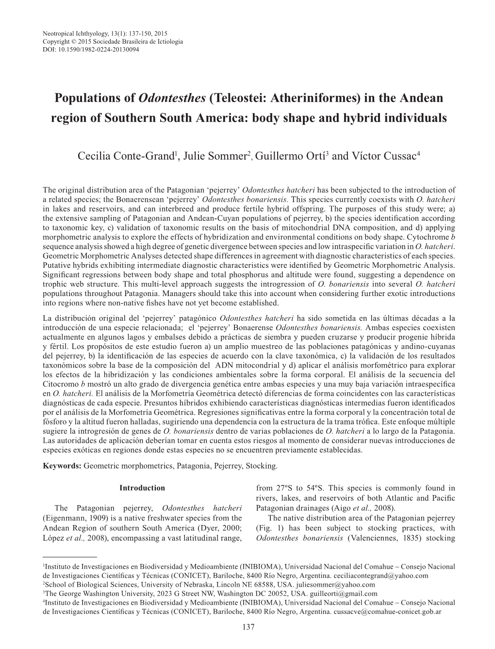 Populations of Odontesthes (Teleostei: Atheriniformes) in the Andean Region of Southern South America: Body Shape and Hybrid Individuals