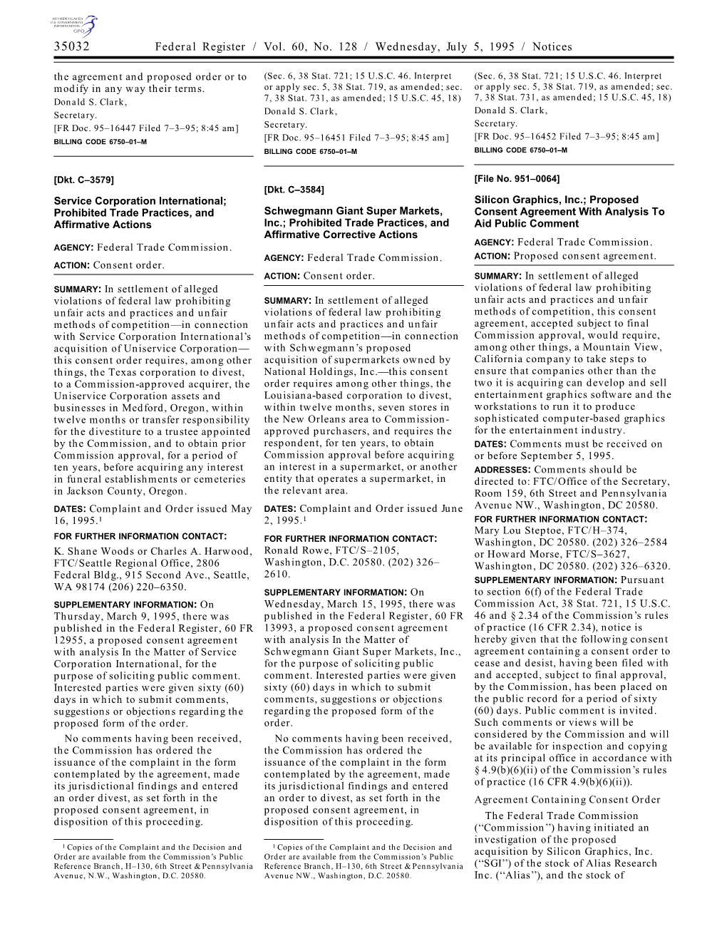 Federal Register / Vol. 60, No. 128 / Wednesday, July 5, 1995 / Notices the Agreement and Proposed Order Or to (Sec