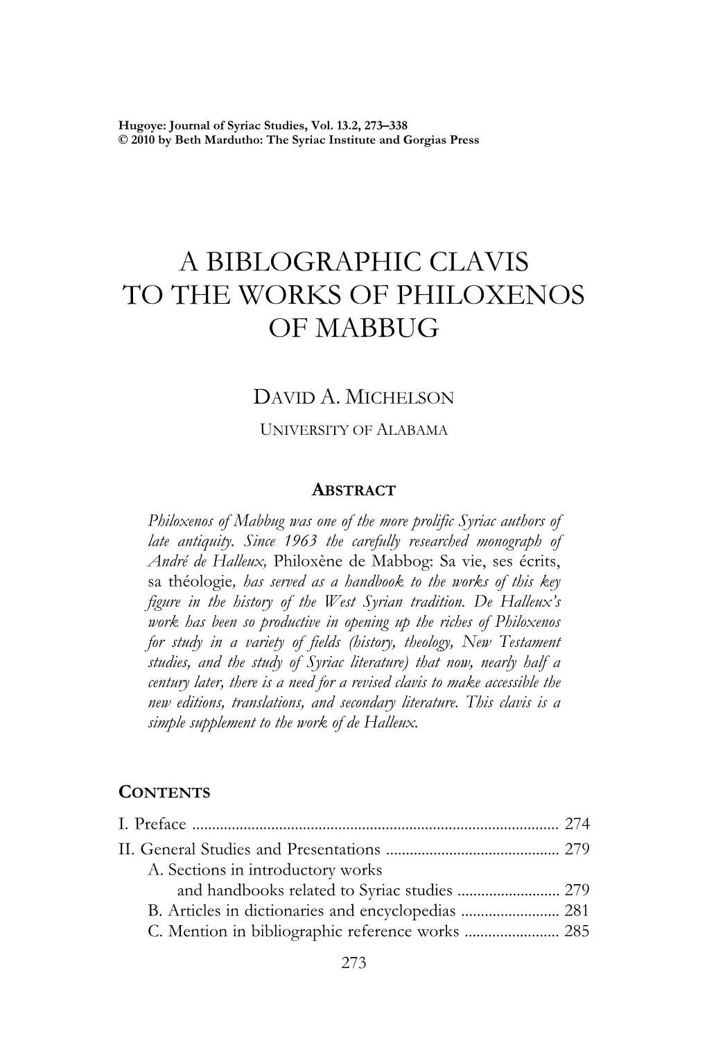 A Biblographic Clavis to the Works of Philoxenos of Mabbug